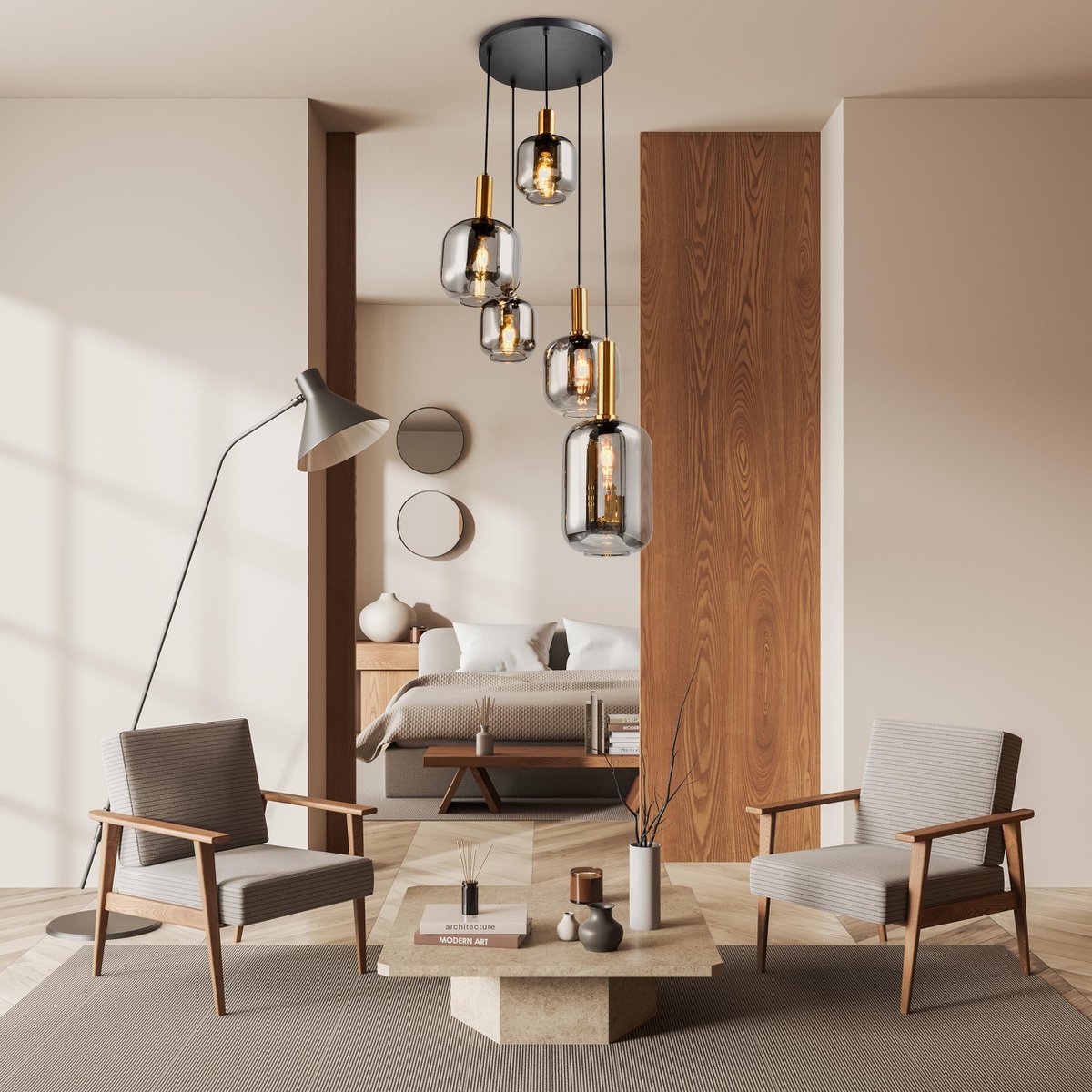 Hanglamp Fumo 5-Lichts Zwart/Glas (E14)