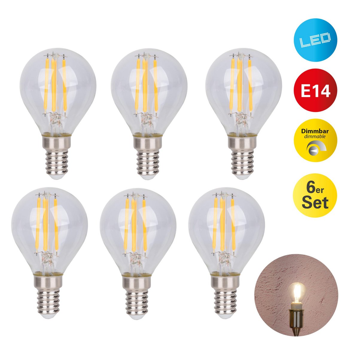 LED-filamentlampen (6-delig) - E14, 4W, Helder Glas