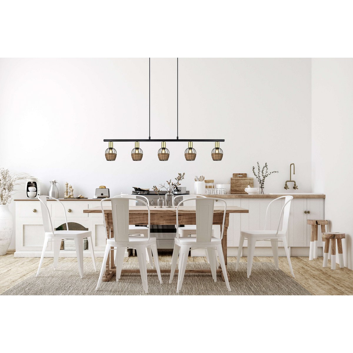 Hanglamp Corbis 5-Lichts Zwart/Rotan - 100 cm (E14)