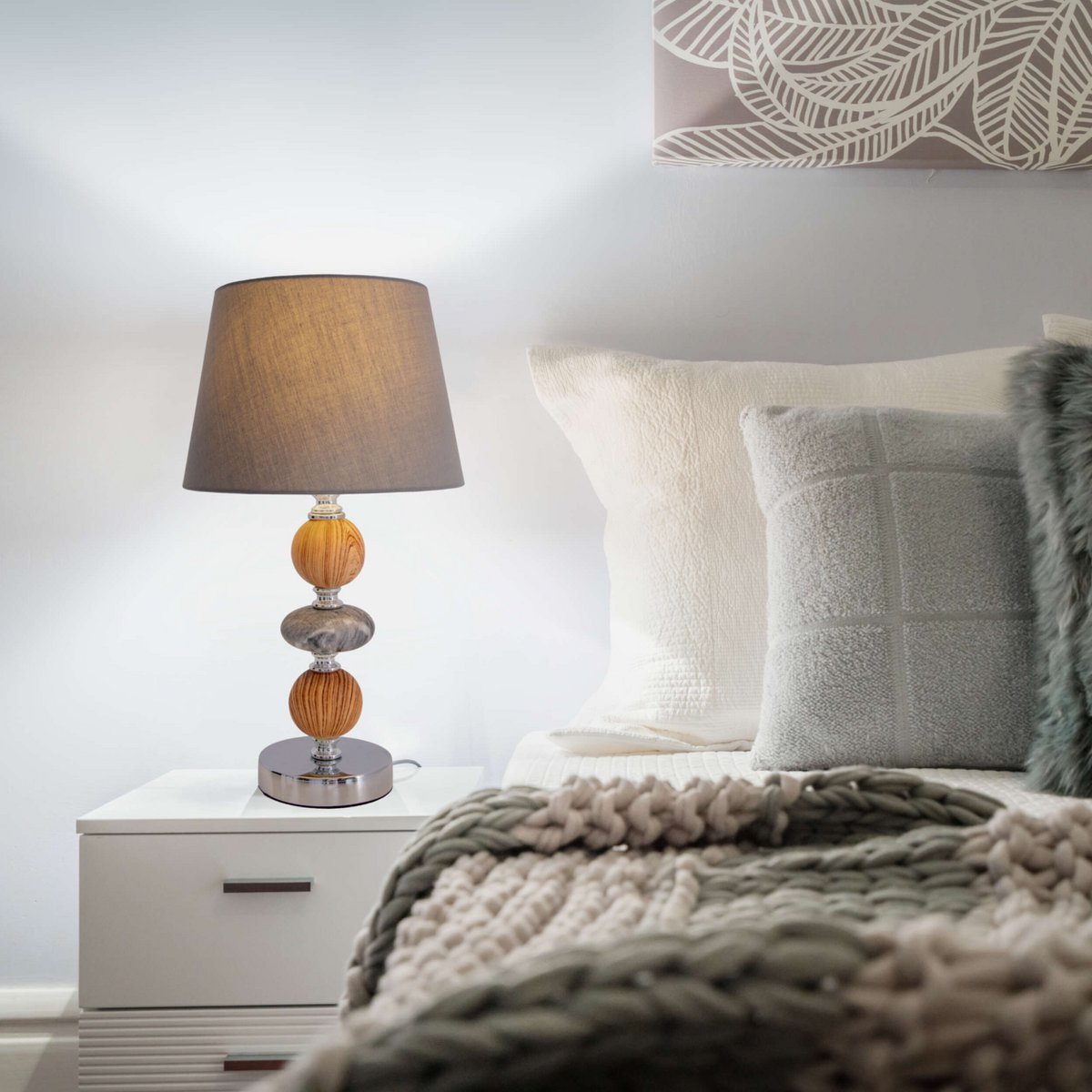 Keramische tafellamp "araga" 36 cm hoog, tafellamp gemaakt van metaal, hout en marmer, met tekstbladen, grijs, met E14 - aansluiting, verlichting voor eetkamer, woonkamer, gang of kantoor - OutHome