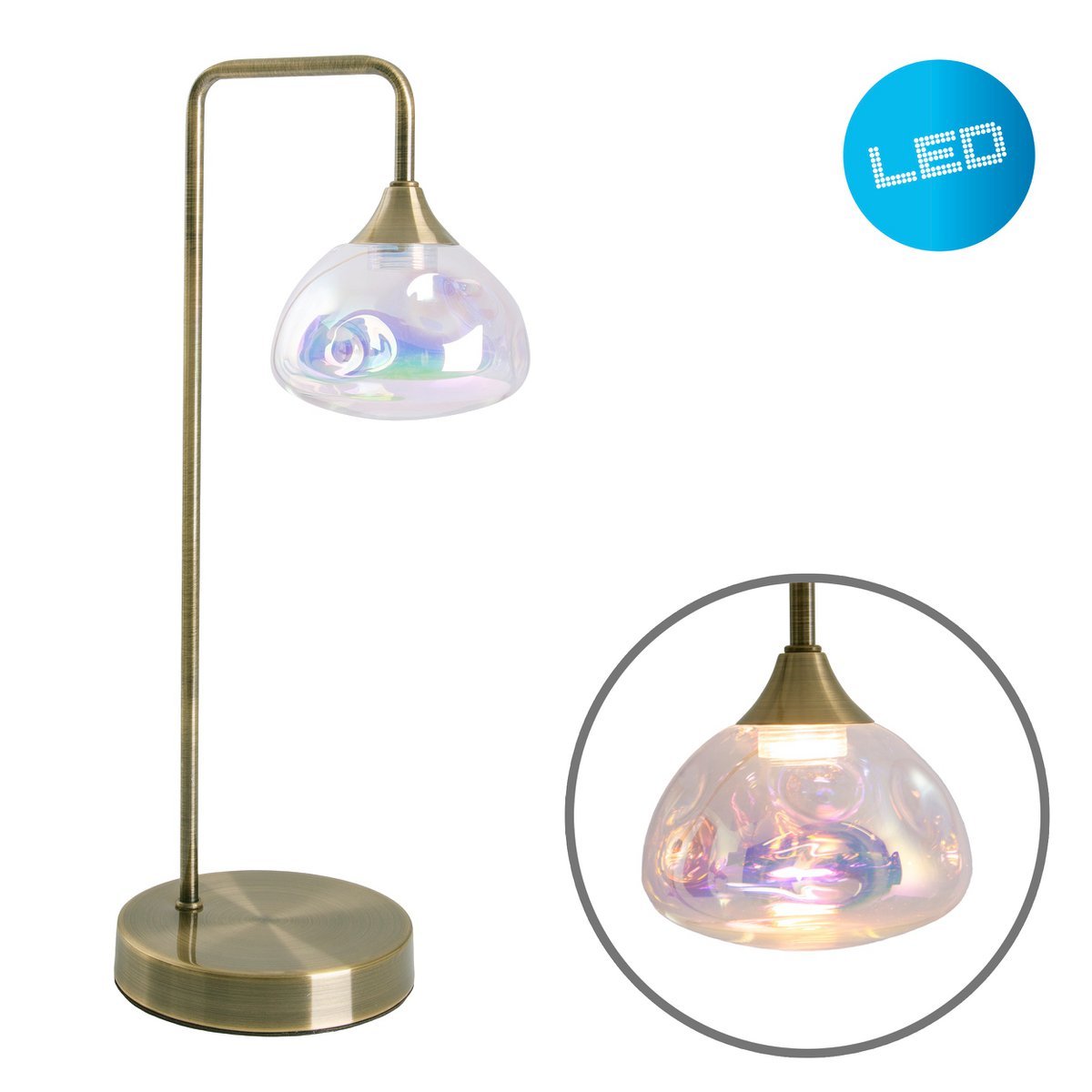 LED - tafellamp "Varna", tafellamp gemaakt van messing - gekleurd metaal en iriserend glas, stevig ingebouwd - in LED's, 45 cm hoog, stijlvolle verlichting voor woonkamer, eetkamer of gang - OutHome