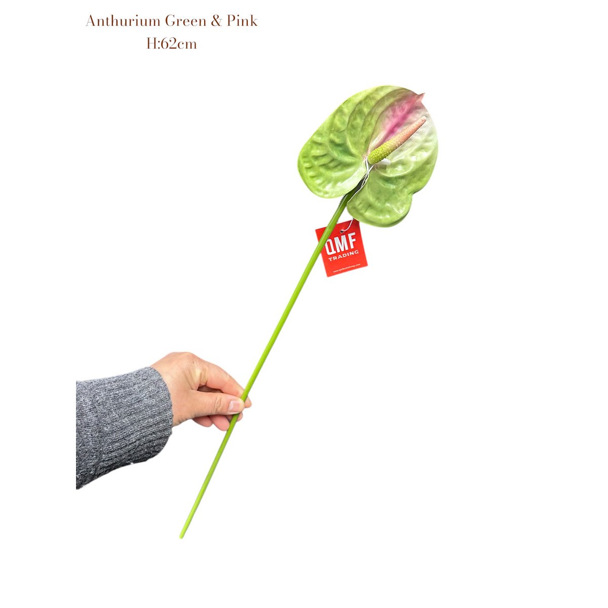 Zijden kunstbloem Anthurium groen/roze - 62 cm