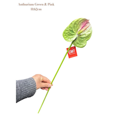 Zijden kunstbloem Anthurium groen/roze - 62 cm