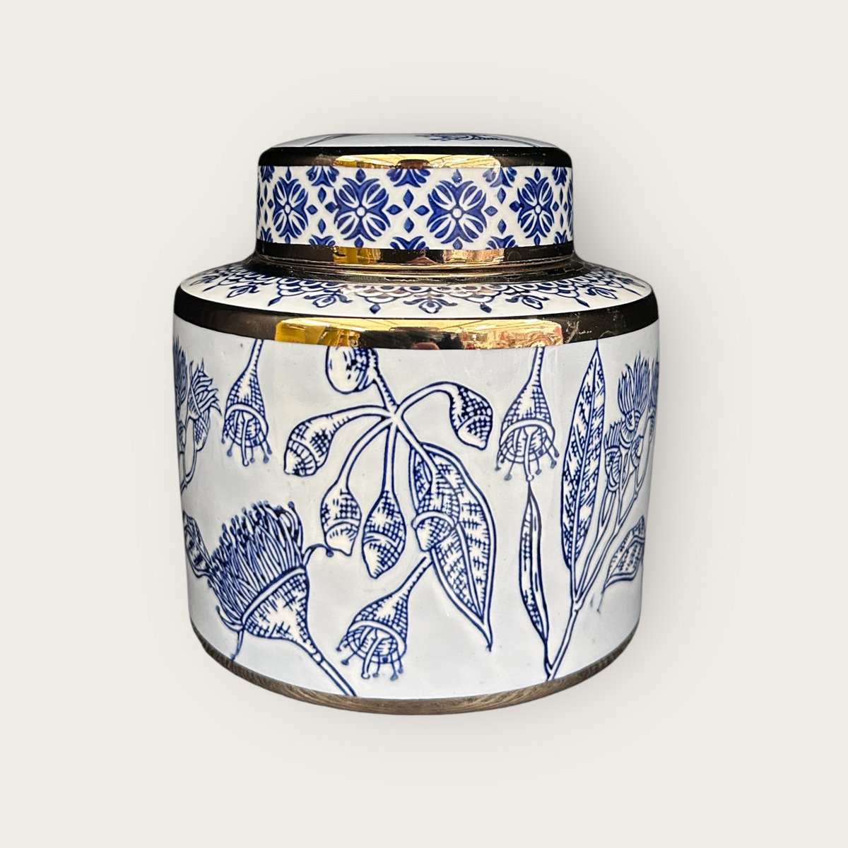 Porseleinen gemberpot Aline blauw/wit