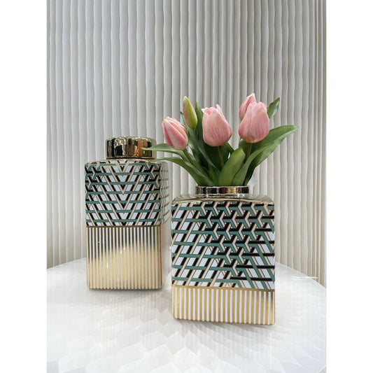 Porseleinen vaas groen/goud 21 cm